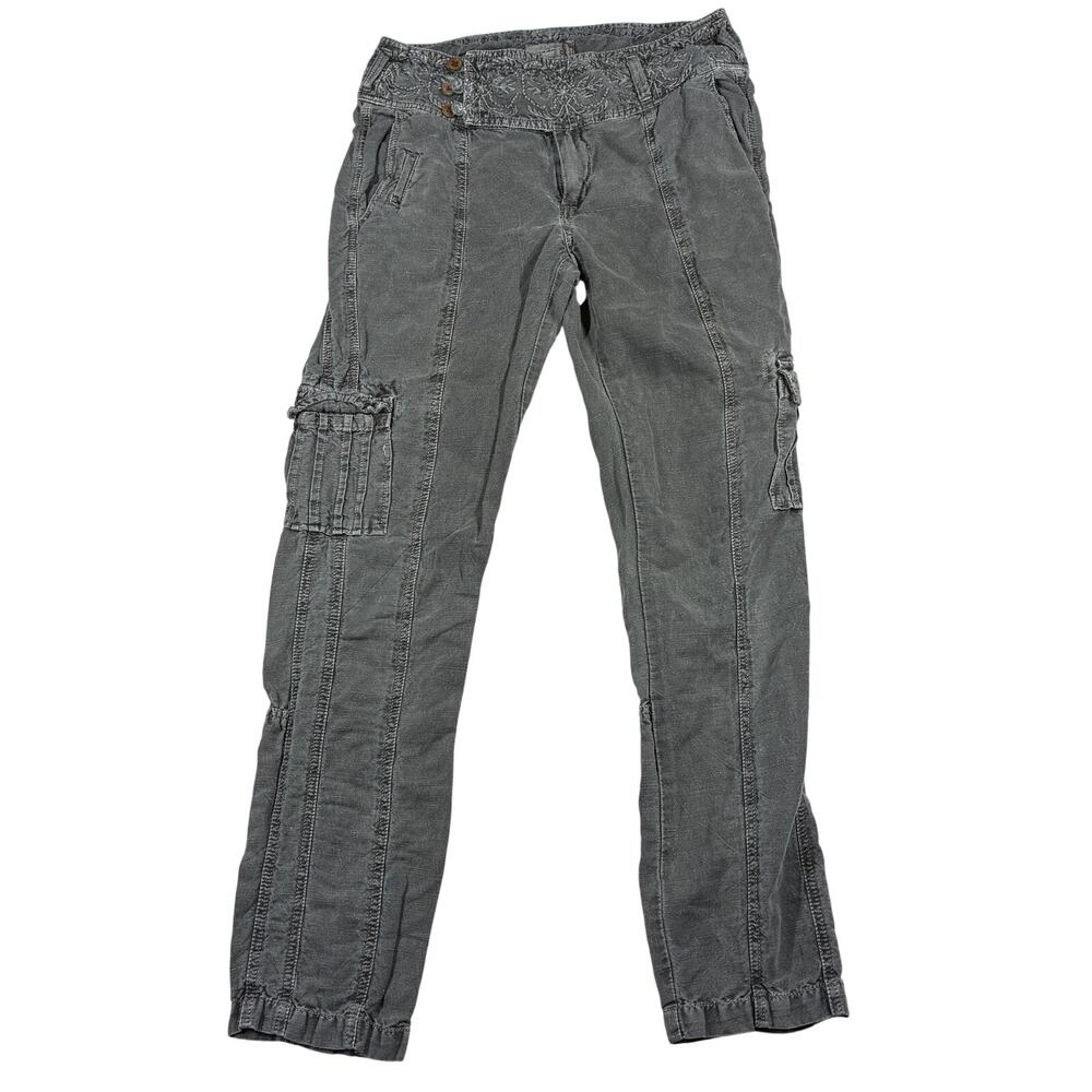 Sundance More Than Cargo Pants Womens 6 Gray Linen Cotton Embroidered Bohemian